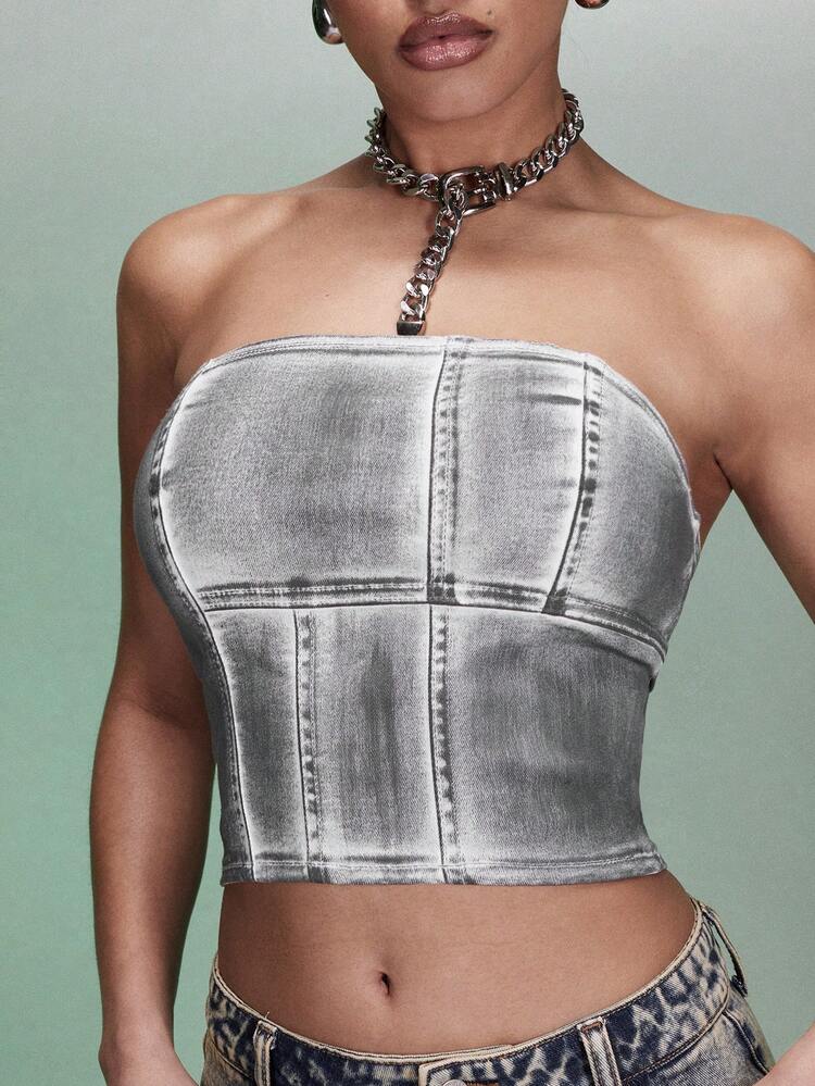 Patchwork Print Crop Tube Denim Top