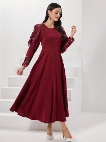 Modelyn Burgundy Red Women's Sparkly Long Sleeve Dress With Tassel Detailing - Burgundy - View 4