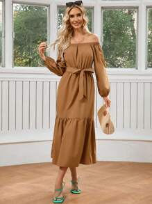 GENKIRA Solid Color Off-Shoulder Long Sleeve Dress - Brown - View 5