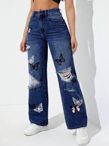 Jeanoix 女用蝴蝶圖案仿舊牛仔褲 - 深色水洗藍 - 查看 3