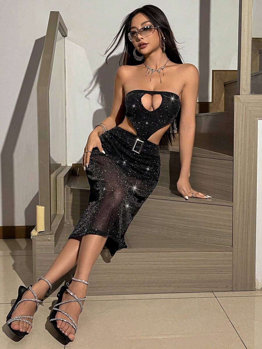 SHEIN Unity Silver Foil & Hollow Out See-Through Strapless Dress - Black - View 1