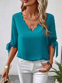 SHEIN Clasi Blusa Para Mujer Con Hombro Al Descubierto, Dobladillo Arqueado Y Cuello En V - Agua verde azul - Ver 3
