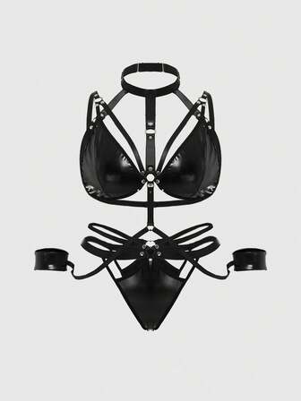 Grunge Punk Plus Size Dark Punk Halter Bralette & G-String Lingerie Set, Sexy
