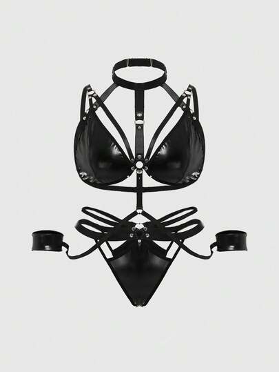 Grunge Punk Conjunto de lencería de sujetador halter y tanga estilo punk oscuro, sexy, talla grande