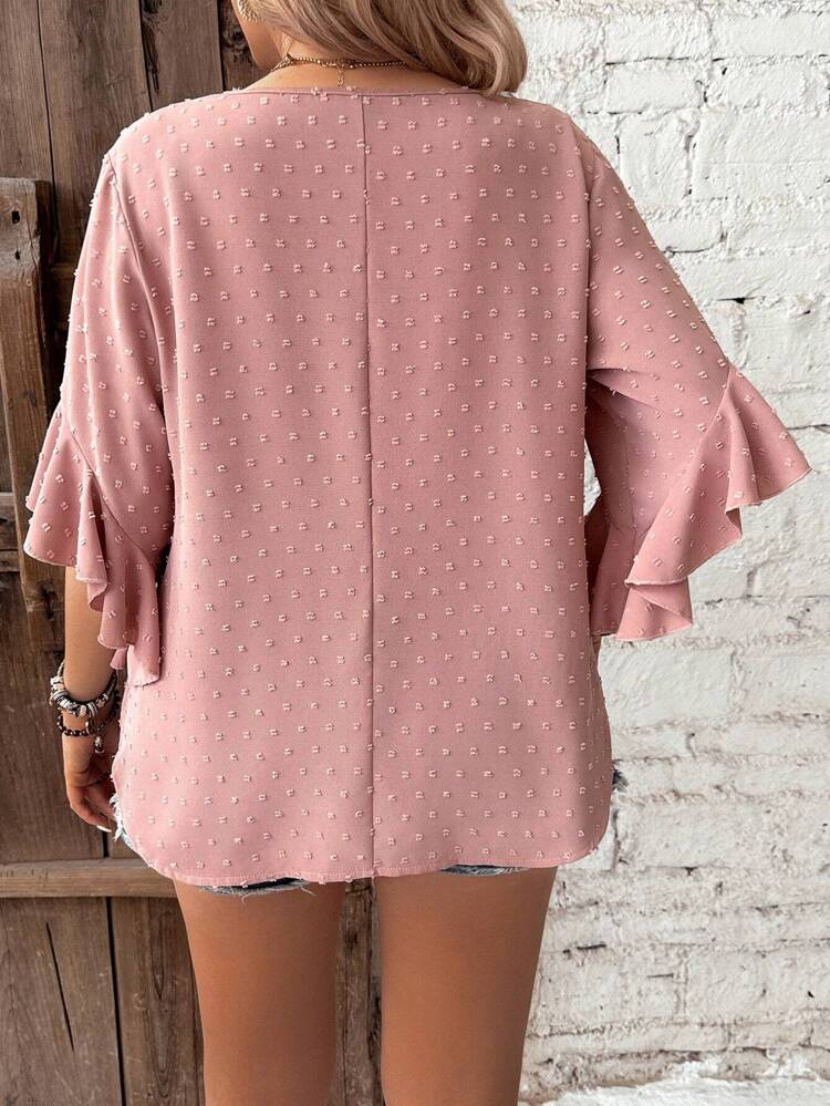 Plus Size Women's Swiss Dot Blouse With Ruffled Sleeves