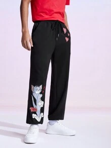 TOM & JERRY X SHEIN Men's Cartoon Patterned Elastic Cuff Pants - Black - View 5