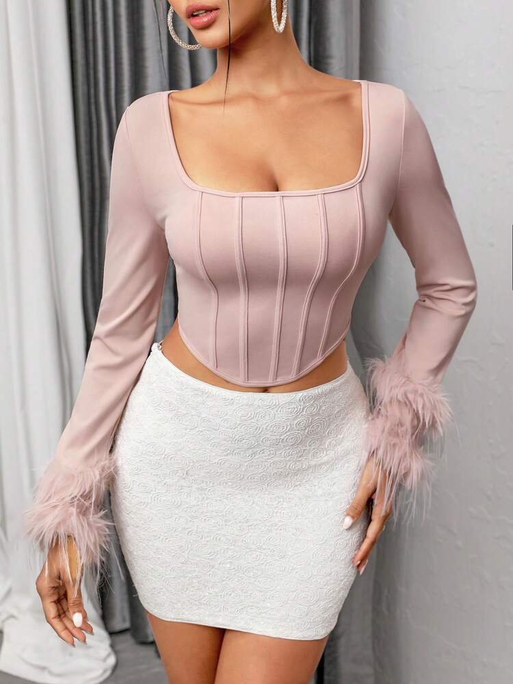 Solid Color Furry Cuff Cropped T-Shirt Fall Cloth For Women