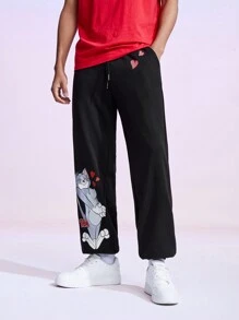 TOM & JERRY X SHEIN Men's Cartoon Patterned Elastic Cuff Pants - Black - View 6