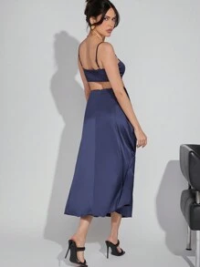 Hauture Women Satin Bralette And Skirt Two Pieces Set - Blue - View 2