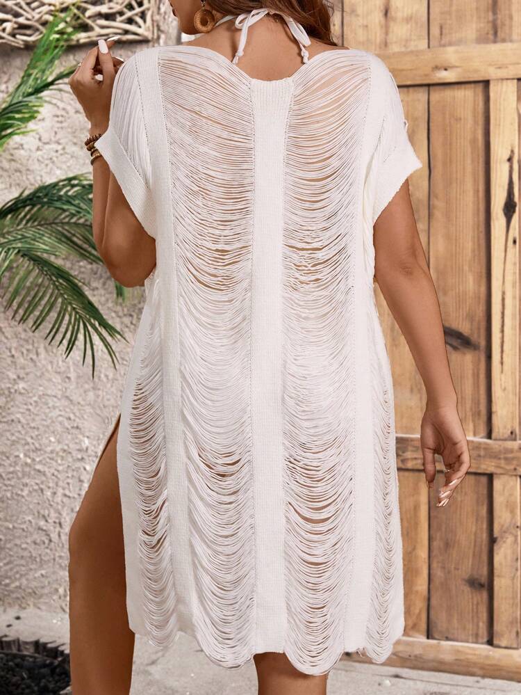 Plus Size Solid Color Hollow Out Split Side Knitted Sweater Dress