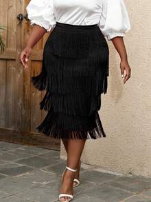 Plus Fringe Trim Skirt - Black - View 6
