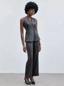 Maija Bộ vest 2 mảnh không tay cổ chữ V bó sát eo hai dây có thể điều chỉnh trang trí khóa kim loại và quần âu ống loe khâu hạt ở giữa phía trước cho nữ mùa xuân/hè - Màu xám đen - Xem 4