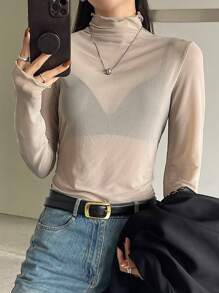 DAZY 1 chiếc áo thun tay dài cổ cao phối lưới mỏng dành cho nữ, quần áo mùa thu cho nữ - Màu Khaki - Xem 7
