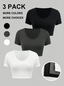 SHEIN Unity Của phụ nữ Màu thuần Quần skinny Thon gọn Áo thun Với Cổ chữ V - Nhiều màu - Xem 1