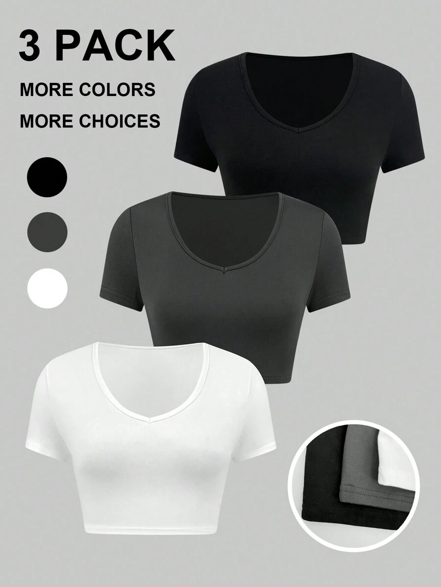 SHEIN Unity Của phụ nữ Màu thuần Quần skinny Thon gọn Áo thun Với Cổ chữ V - Nhiều màu - Xem 1