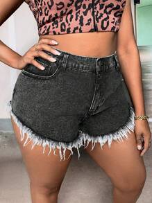 SHEIN SXY Plus Size Frayed Hem Washed Sexy Denim Shorts - Grey - View 5