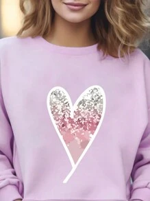 SHEIN LUNE Kích thước lớn In Trái tim Vòng cổ Lông cừu Áo nỉ - Màu tím hoa cà - Xem 1