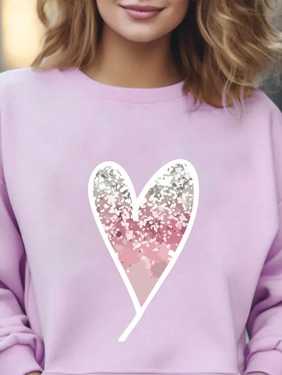 SHEIN LUNE Kích thước lớn In Trái tim Vòng cổ Lông cừu Áo nỉ - Màu tím hoa cà - Xem 1