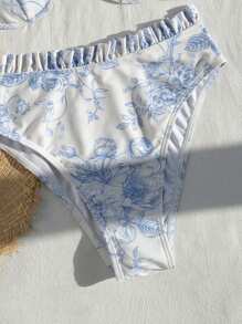 SHEIN Swim Summer Beach Floral Print Two-Piece Bikini Set - Blue and White - View 5