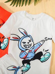 SHEIN Suéter Con Estampado De Caricatura De Conejo Fresco Para Chicos (2 Colores) Con Ajuste Cómodo Y Pantalones Cortos De Punto Para Uso Casual Y En Casa (conjunto De 2 Piezas) - Multicolor - Ver 4