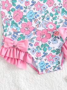 Baby Girl Random Printed Swimsuit With Bowknot Decoration And Ruffled Hem, One-Piece