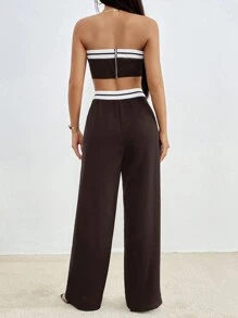 SHEIN Essnce Conjunto De Pantalón Y Top Corto Con Hombros Descubiertos Y Bloques De Color Con Detalle Decorativo - Café integral - Ver 2