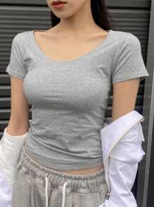 DAZY 女裝修身款圓領t恤 - 灰色 - 查看 6