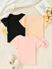 GraphicGems 3pcs/Set Tween Girls' Summer Leopard Print Heart Shaped Camera & Floral Patterned T-Shirts