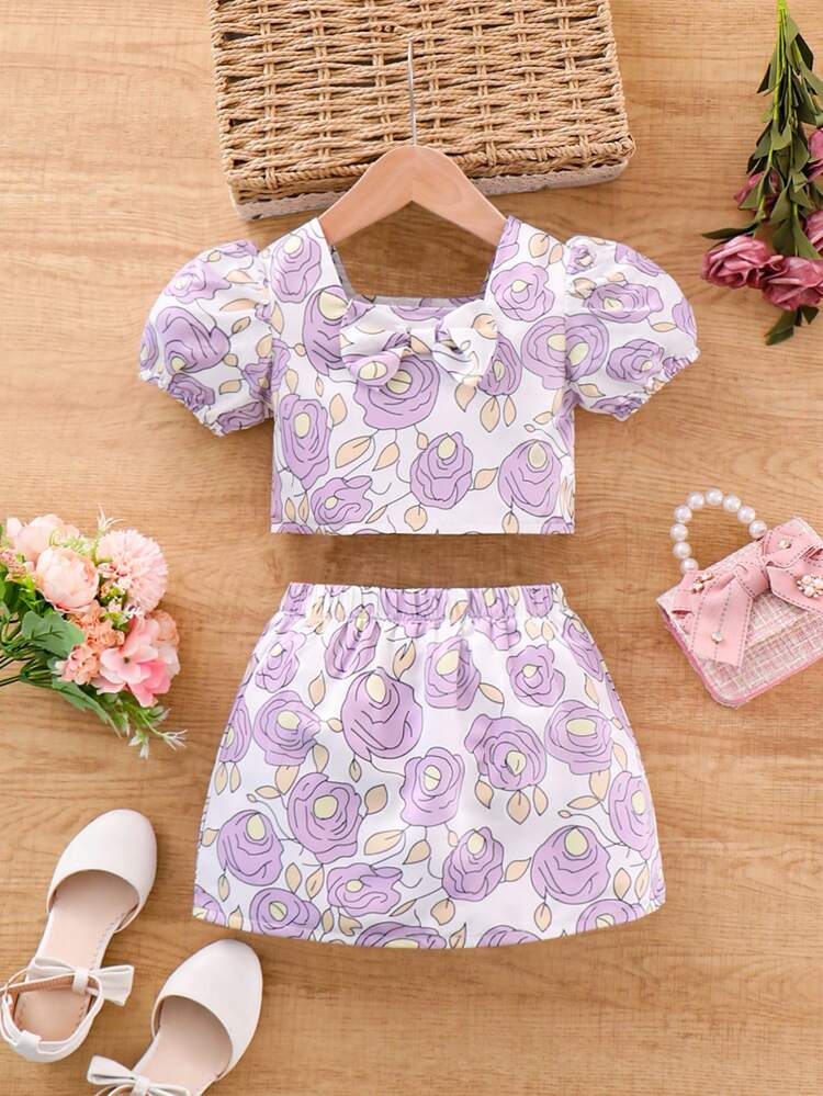 2pcs/Set Young Girls' Gorgeous & Lovely Ladylike Floral Print Top With Puff Sleeves & Skirt Spring/Summer Outfits