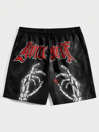 Goth Men's Skeleton Hand & Letter Printed Drawstring Waist Basketball Shorts, School, Halloween
