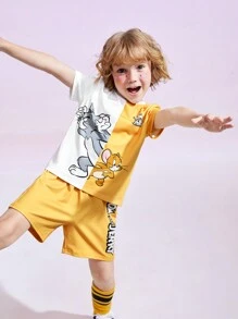 TOM & JERRY X SHEIN Young Boy Cartoon Graphic Colorblock Tee And Shorts Set - Yellow - View 4
