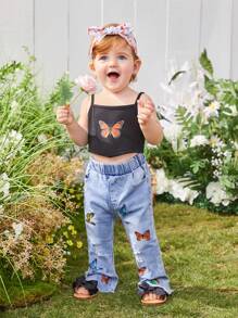 Áo kiểu Cami in hình bướm cho bé gái Y2k và quần ống loe denim co giãn - màu đen - Xem 1