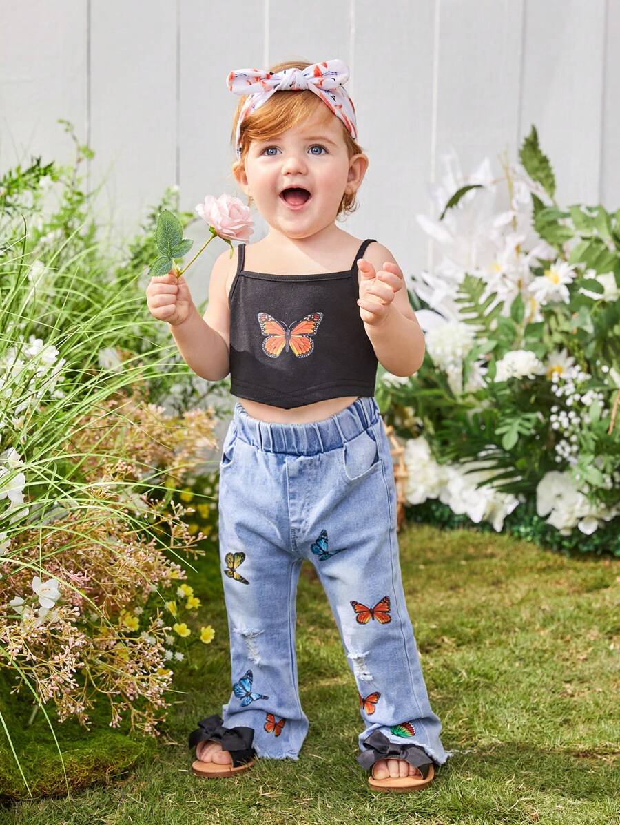 Áo kiểu Cami in hình bướm cho bé gái Y2k và quần ống loe denim co giãn - màu đen - Xem 1