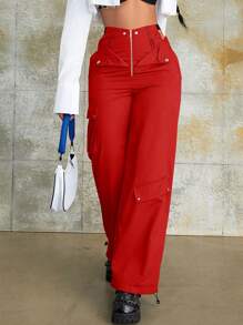 Street High Waist Zip Fly Flap Pocket Side Cargo Parachute Pants
