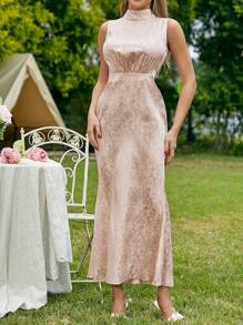 SHEIN Belle 玫瑰提花立領無袖魚尾晚禮服,搭配腰帶和後繫帶 - 香檳色 - 查看 5