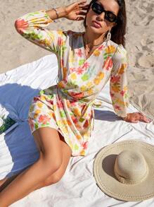 GENKIRA Rochie de damă cu mânecă lungă cu imprimeu floral - Multicolor - Vizualizare 5