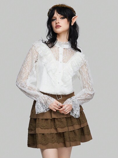 Fairycore Women'S Stand Collar Lace Shirt
