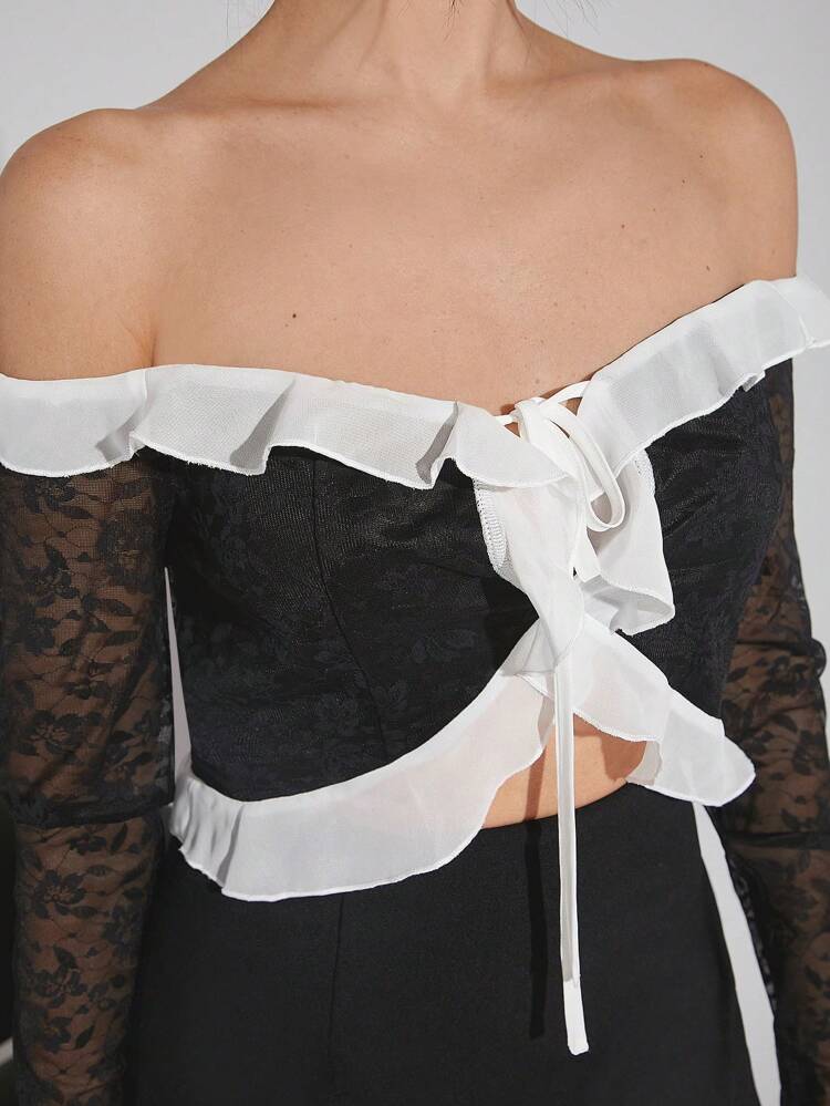 Colorblock Off Shoulder Ruffle Top