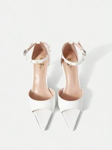 SheIn Belle Fashionable French Style Pointed Toe Peep Toe Stiletto High Heel Hollow Out Sandals - White - View 3