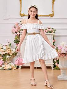 Tween Girls' Solid Color Ruffle Trim Dress With Detachable Braided Belt And Spaghetti Straps - White - View 4