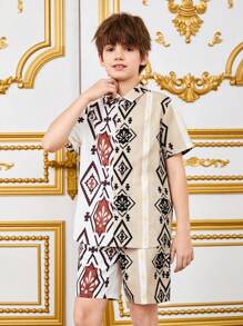 Tween Boys' Loose Casual Geometric Print Short Sleeve Shirt And Shorts SetSibling Outfits - White - View 5