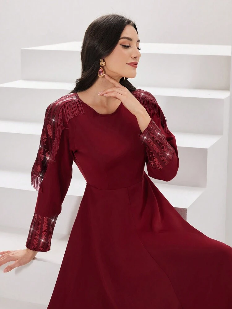 Burgundy Red Women's Sparkly Long Sleeve Dress With Tassel Detailing