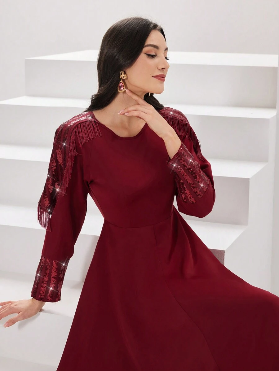 Modelyn Burgundy Red Women's Sparkly Long Sleeve Dress With Tassel Detailing - Burgundy - View 1