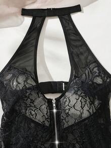 SHEIN Bộ đồ lót gợi cảm hở lưng phối ren lưới tương phản cho nữ - màu đen - Xem 3