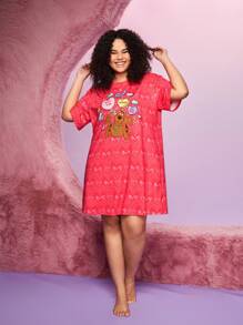 SCOOBY-DOO X SHEIN Plus Size Cartoon Heart Printed Sleep Dress - Pink - View 1