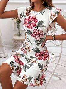 SHEIN VCAY Floral Print Ruffled Sleeve Knited Waist Summer Women Dress - Multicolor - View 4