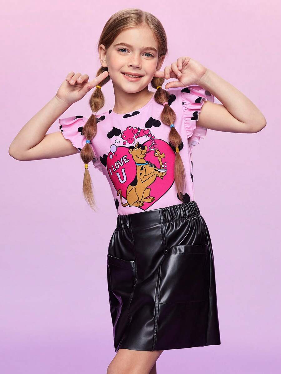 SCOOBY-DOO X SHEIN Playera Con Tira De Volantes, Estampado De Corazón De Dibujos Animados Y Letras Para Niñas Preadolescentes - Multicolor - Ver 1