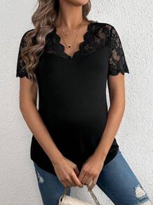 SHEIN 孕婦v領蕾絲拼接短袖t恤