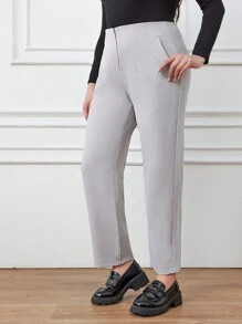 RueChic Plus Size Solid Color Pants With Slanted Pockets - Light Grey - View 3