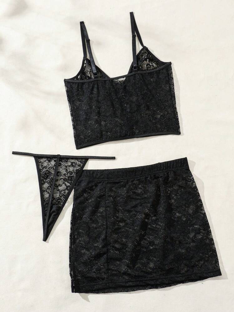 Women Black Lace Lingerie Set Classic Sexy Spaghetti Strap Lace Up Short Underwear